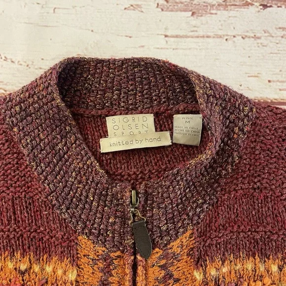 Vintage Sigrid Olsen Sport Cardigan Silk Wool Cable Knit Grandma knitted By Hand - Picture 3 of 12